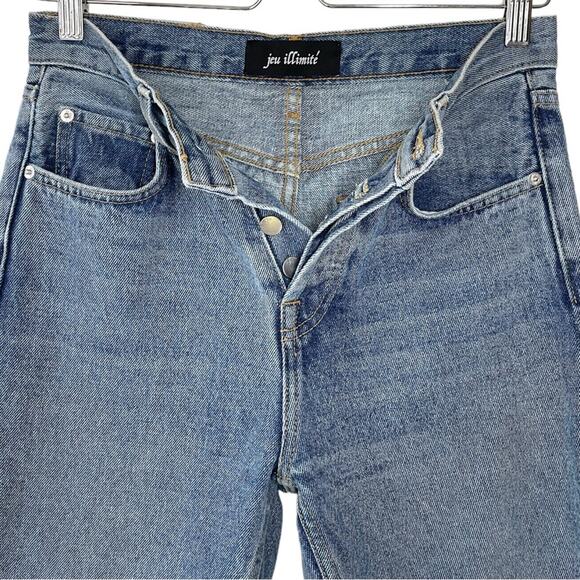 Jeu Illimité Medium Blue Slit Hem Straight Leg Button Fly Jeans - 25 - Picture 4 of 10